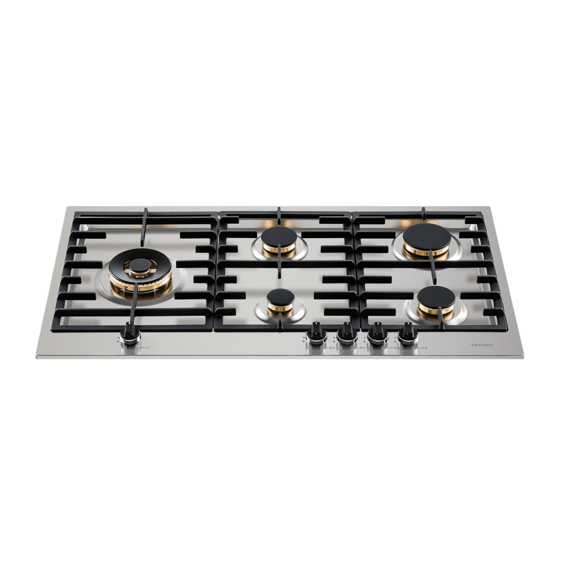Alt Tag: Cooktop a gás Tecno Original 5 Bocas Inox 90cm em inox com queimadores Sabaf dourados, trempes de ferro e acendimento automático