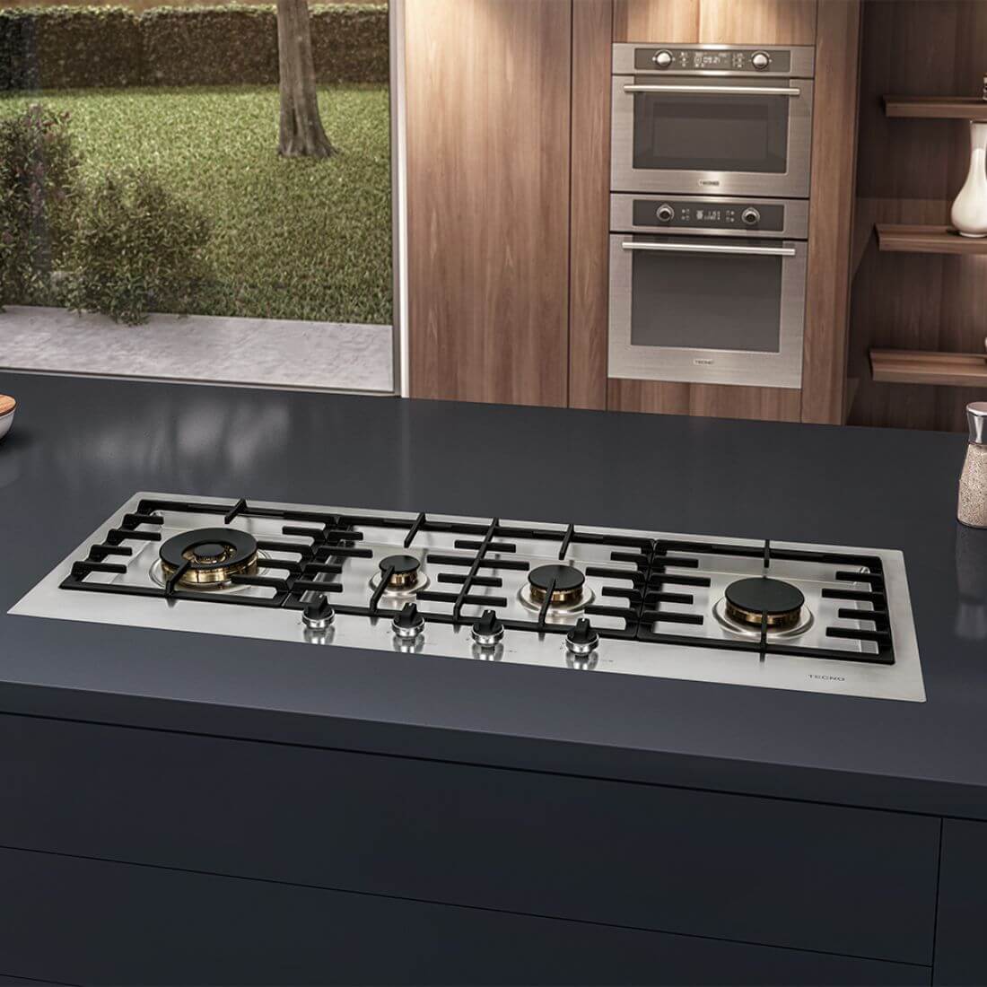 Cooktop a Gás Tecno Original Linear 4 Bocas Inox 110cm em inox com queimadores Sabaf, trempes ferro, acendimento super automático e design italiano