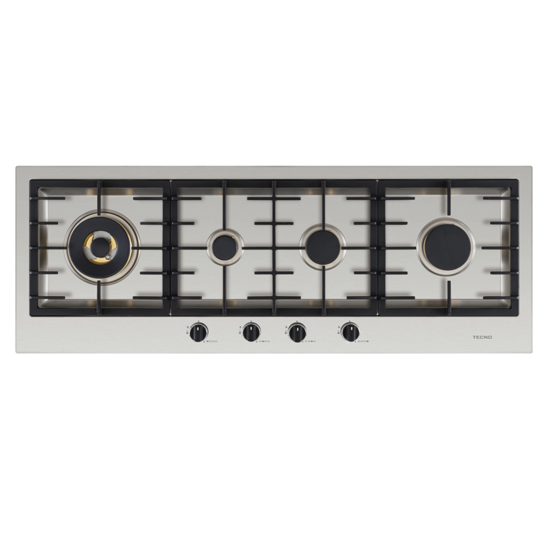 Cooktop a Gás Tecno Original Linear 4 Bocas Inox 110cm em inox com 4 queimadores Sabaf, trempes em ferro e acendimento automático Gás-Stop