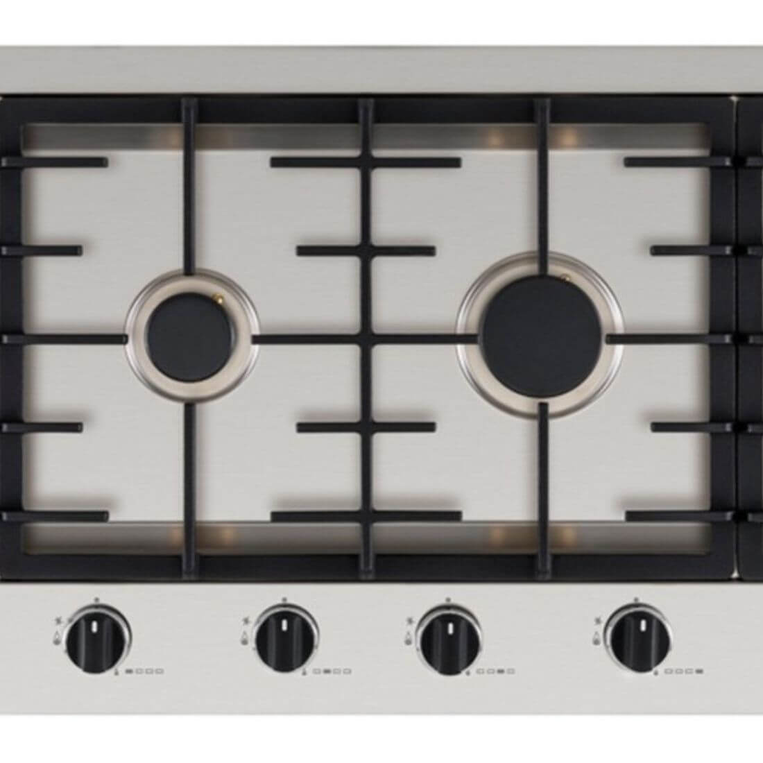 Cooktop a Gás Tecno Original Linear 4 Bocas Inox 110cm em inox com quatro queimadores Sabaf, trempes em ferro e painel frontal com manípulos