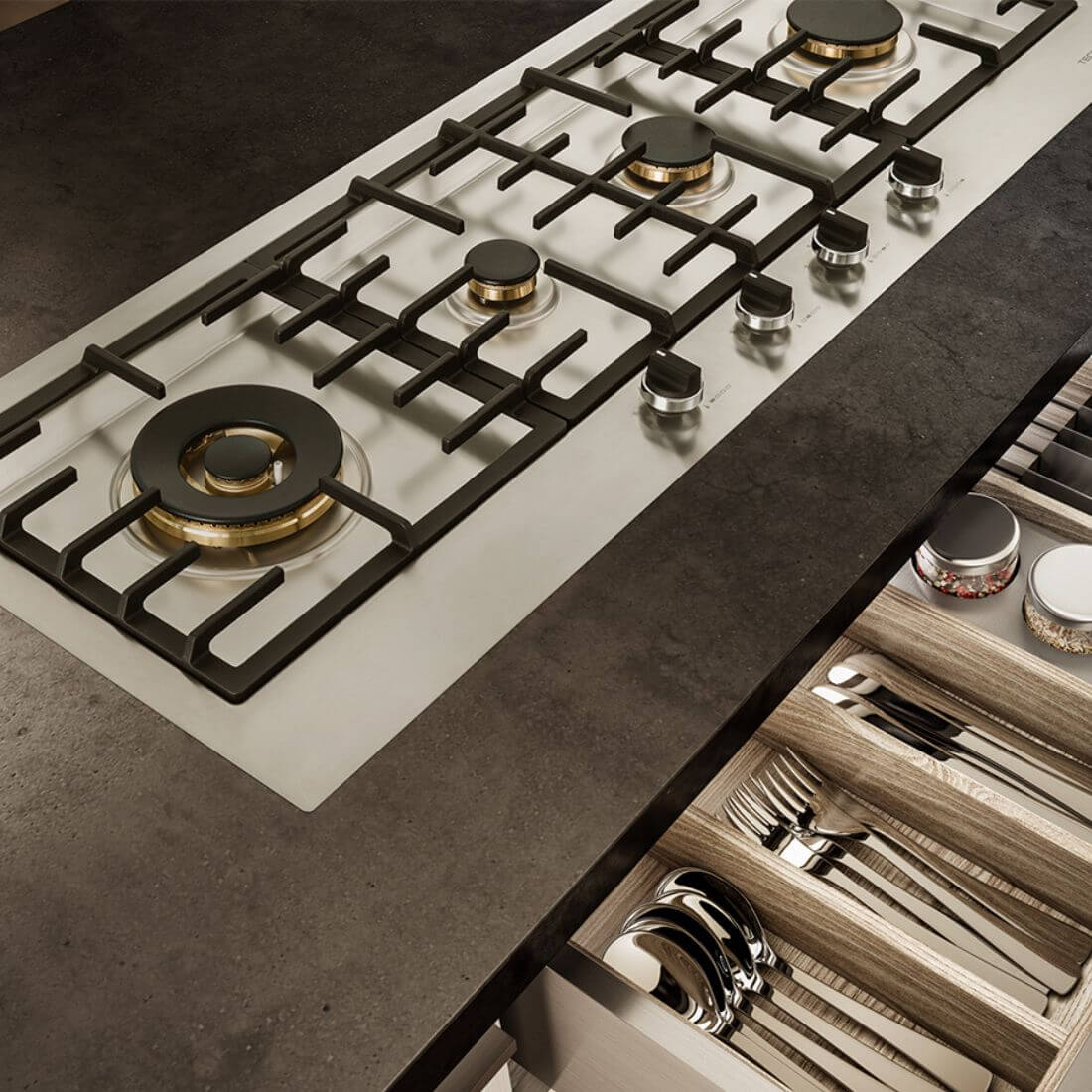 Cooktop a Gás Tecno Original Linear 4 Bocas Inox 110cm em inox com queimadores Sabaf, trempes de ferro e acendimento super automático