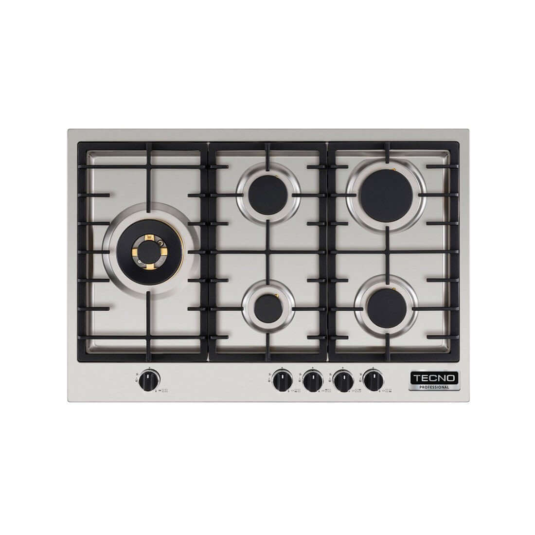 Cooktop a gás Tecno Professional 5 Bocas Inox 75cm em inox com 5 queimadores Sabaf, trempes em ferro e acendimento automático Gás-Stop