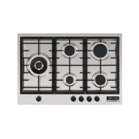 Cooktop a gás Tecno Professional 5 Bocas Inox 75cm em inox com 5 queimadores Sabaf, trempes em ferro e acendimento automático Gás-Stop