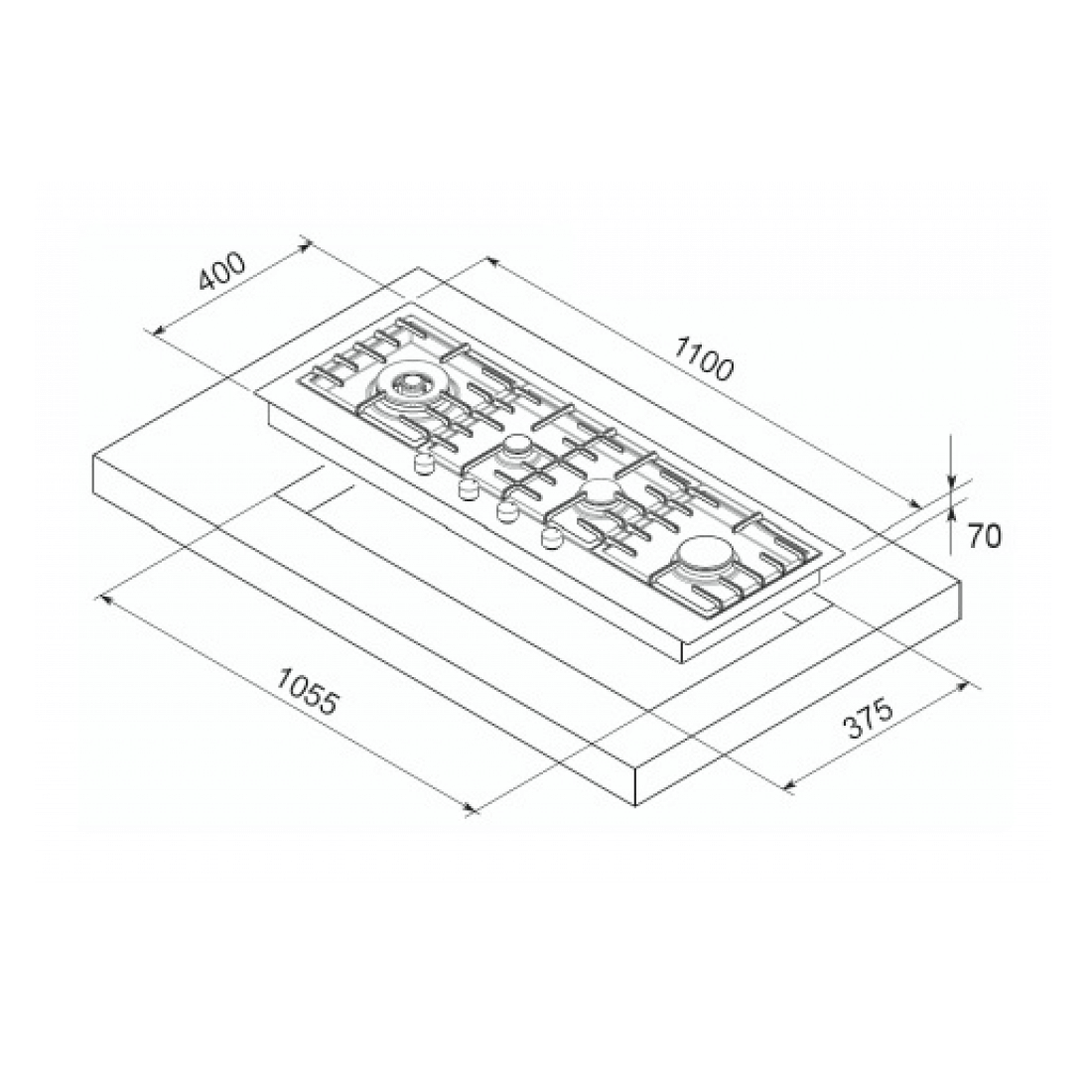 Cooktop a gás Tecno Professional Linear 4 Bocas Inox 110cm em inox, desenho técnico com medidas, 4 bocas, trempes e painel frontal