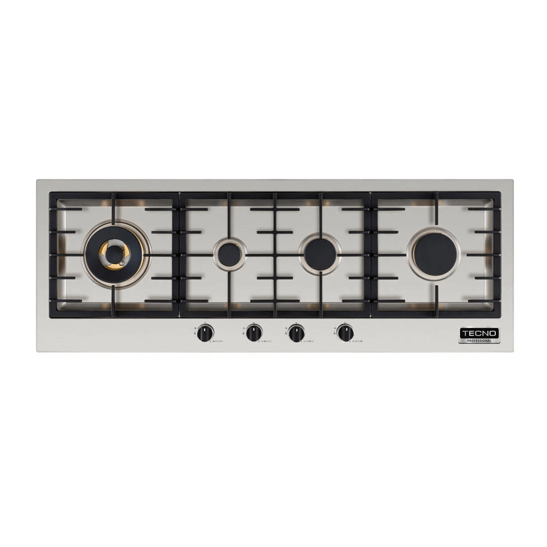 Cooktop a gás Tecno Professional Linear 4 Bocas Inox 110cm em inox com 4 queimadores Sabaf, trempes ferro, painel frontal e acendimento automático