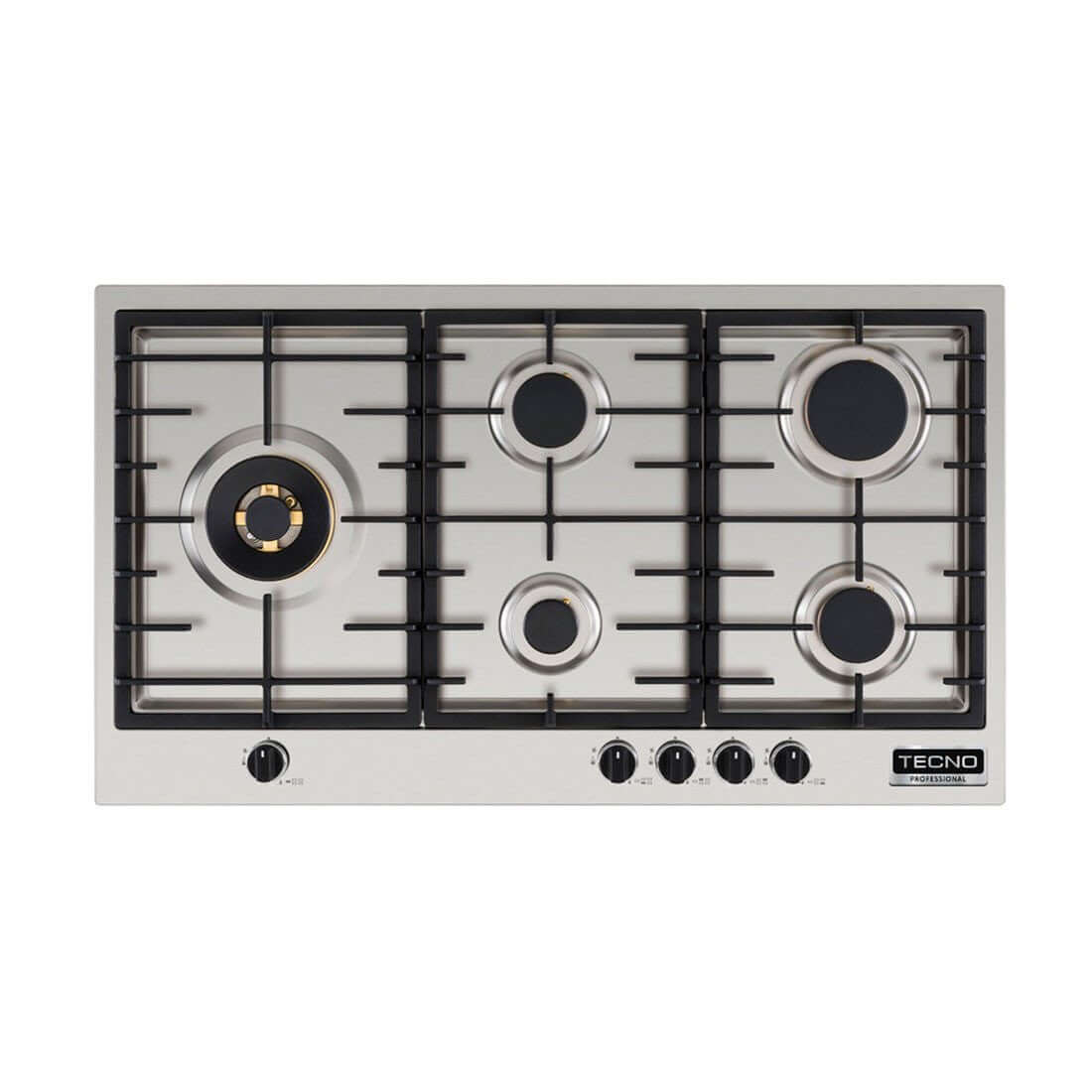 Cooktop a Gás Tecno Professional 5 Bocas Inox 90cm com acabamento inox, 5 queimadores Sabaf, trempes ferro fundido e acendimento automático