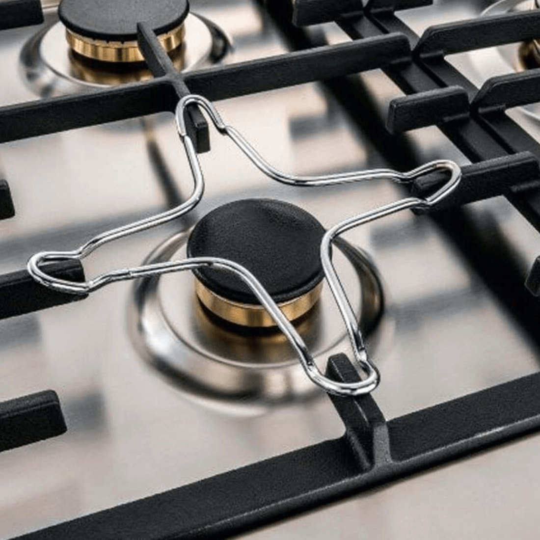 Cooktop a gás Tecno Professional 5 Bocas Inox 75cm mostrando queimador Sabaf Dual Flame em inox, trempe ferro fundido e acendimento automático