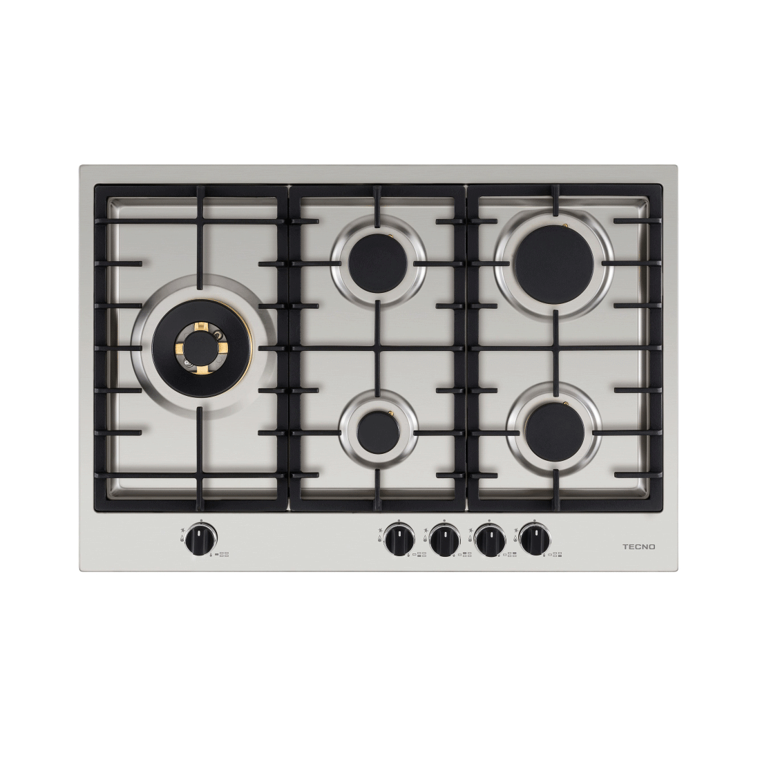 Cooktop a gás Tecno Original 5 Bocas Inox 75cm com mesa inox, queimador Sabaf Dual Flame, trempes em ferro e acendimento super automático