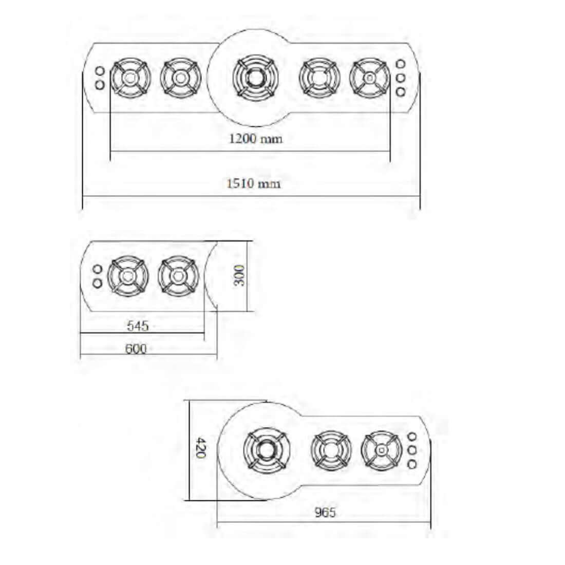 Cooktop a Gás Tecno Rota 5 Bocas Vitrocerâmico 151cm desenho técnico das medidas com cinco queimadores, trempes e acabamento vitrocerâmico