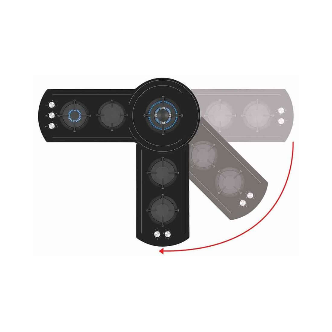 Cooktop a Gás Tecno Rota 5 Bocas Vitrocerâmico 151cm em vidro preto com trempes ferro fundido e design angular rotativo para cantos