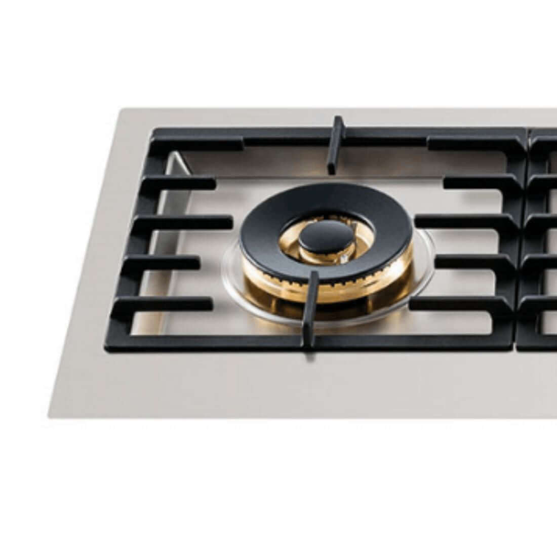 Cooktop a Gás Tecno Vintage Linear 4 Bocas Inox 110cm com queimador Sabaf dual em latão, mesa inox e trempe ferro fundido