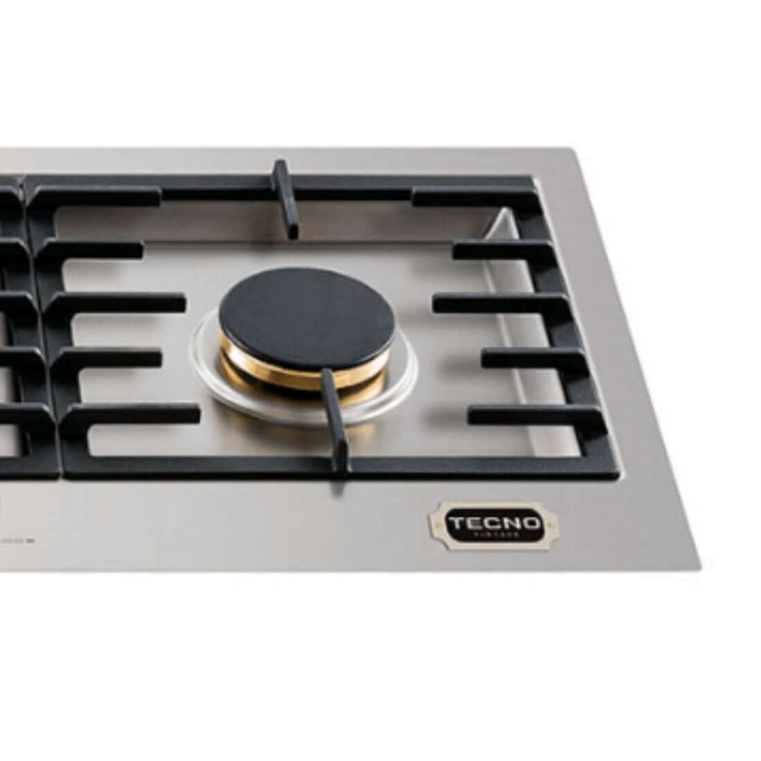 Cooktop a Gás Tecno Vintage Linear 4 Bocas Inox 110cm, cooktop a gás inox com queimador Sabaf em latão, trempes ferro fundido e painel frontal