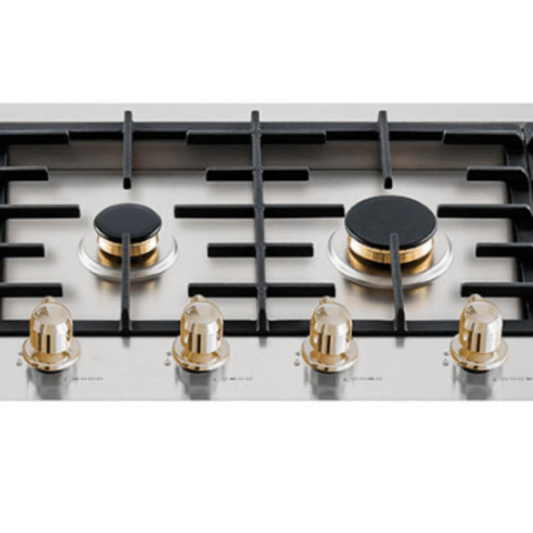 Cooktop a Gás Tecno Vintage Linear 4 Bocas Inox 110cm em inox com queimadores Sabaf em latão, trempes em ferro e manípulos cromados