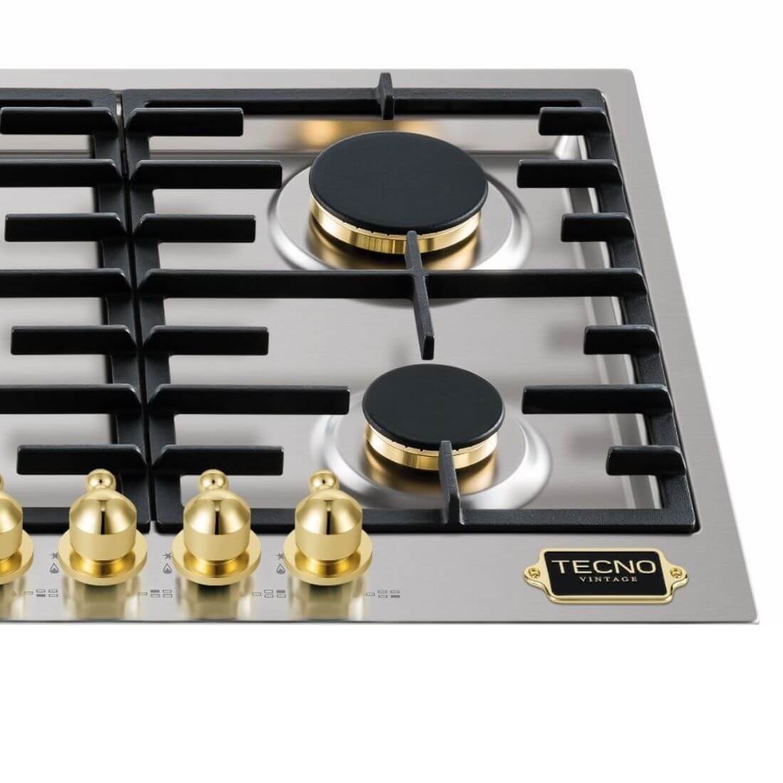 Cooktop a Gás Tecno Vintage 5 Bocas Inox 90cm mostrado em inox com queimadores Sabaf dourados, trempes ferro e manípulos em latão