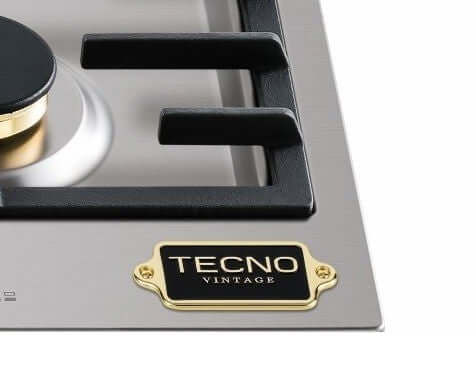 Cooktop a Gás Tecno Vintage 5 Bocas Inox 75cm em inox com trempes ferro fundido, manípulos em latão e placa de identificação italiana