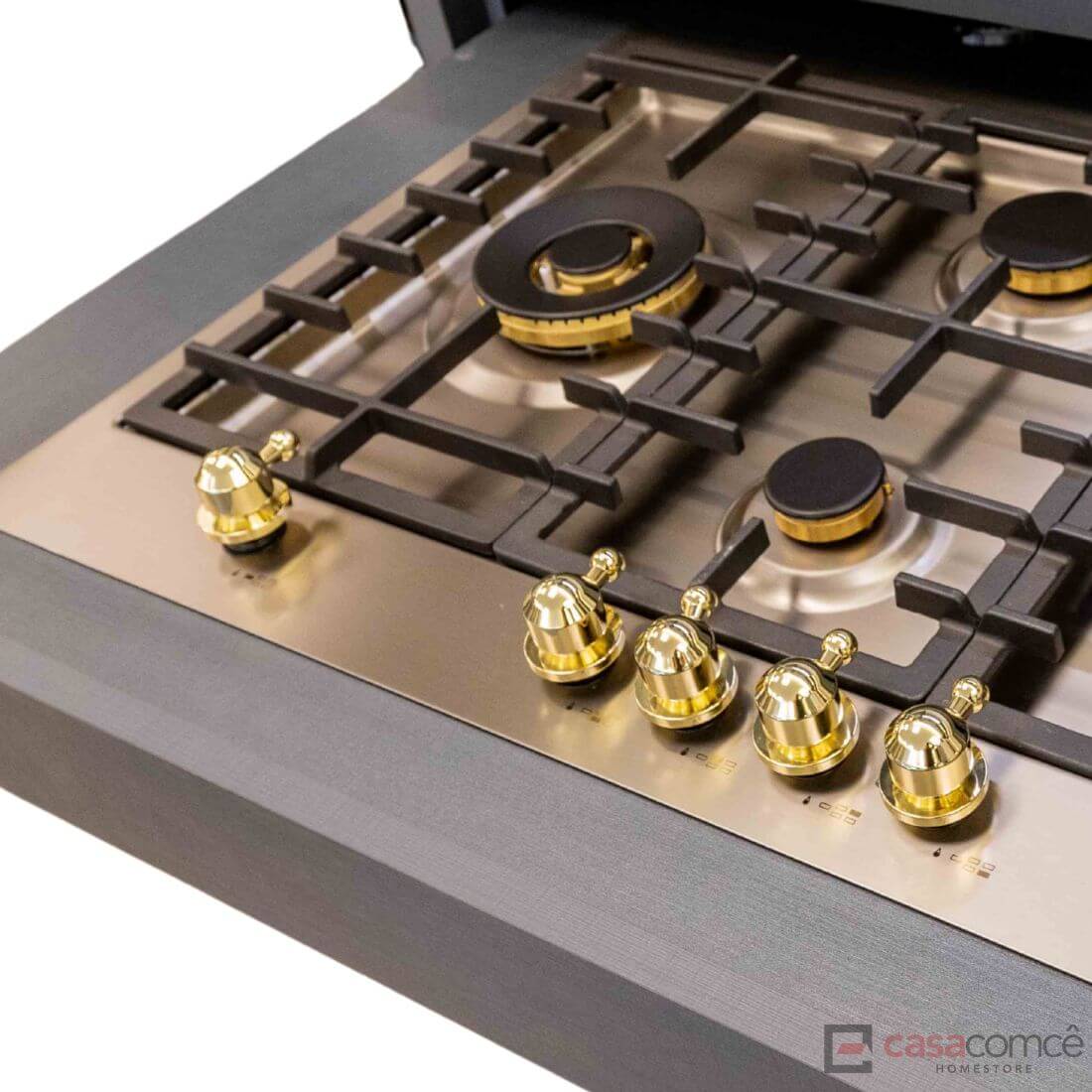 Cooktop a Gás Tecno Vintage 5 Bocas Inox 75cm em inox com queimadores Sabaf dourados, trempes ferro fundido e acendimento super automático