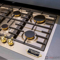 Cooktop a Gás Tecno Vintage 5 Bocas Inox 75cm em inox com queimadores Sabaf dourados, trempes ferro, manípulos latão e acendimento automático