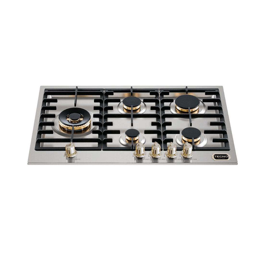 Cooktop a Gás Tecno Vintage 5 Bocas Inox 75cm: cooktop a gás inox 5 bocas com queimadores Sabaf, manípulos em latão e trempes ferro fundido