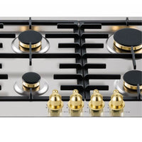 Cooktop a Gás Tecno Vintage 5 Bocas Inox 90cm em inox com queimadores Sabaf em latão, trempes ferro fundido e botões dourados italianos