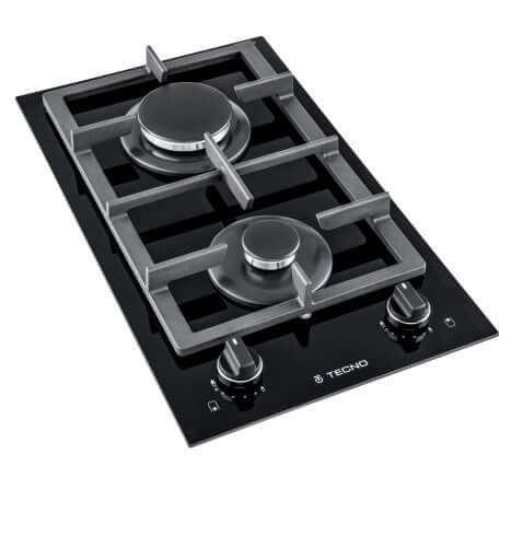 Cooktop Dominó a Gás Tecno 2 Bocas Vitrocerâmico 30cm em vitrocerâmica preta com trempes ferro fundido, acendimento automático e design italiano