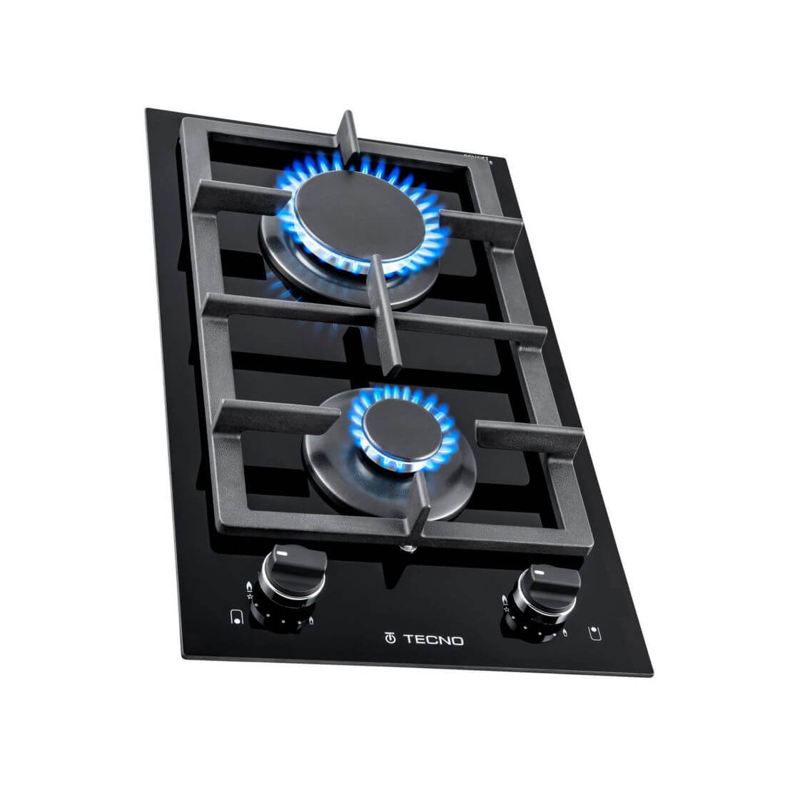 Cooktop Dominó a Gás Tecno 2 Bocas Vitrocerâmico 30cm preto com vidro vitrocerâmico, trempes em ferro fundido, queimadores acesos e acendimento automático