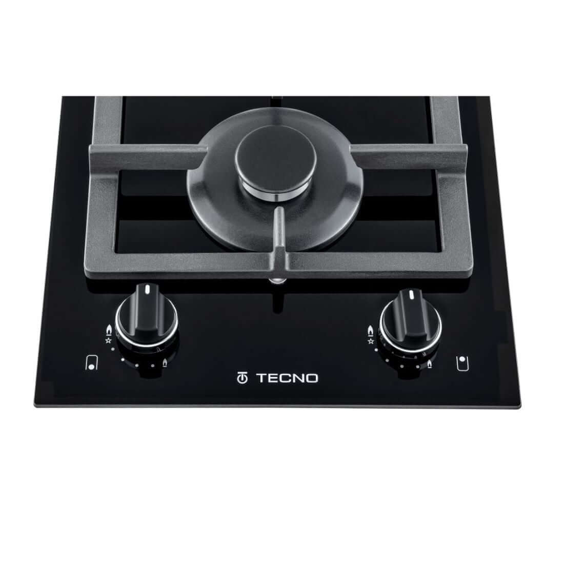 Cooktop Dominó a Gás Tecno 2 Bocas Vitrocerâmico 30cm em vitrocerâmica preta com trempes ferro fundido, dois queimadores e acendimento super automático