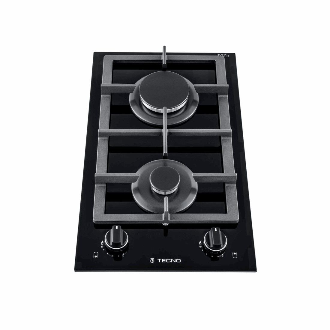 Cooktop Dominó a Gás Tecno 2 Bocas Vitrocerâmico 30cm com mesa vitrocerâmica preta, 2 queimadores profissionais e trempes em ferro fundido, italiano