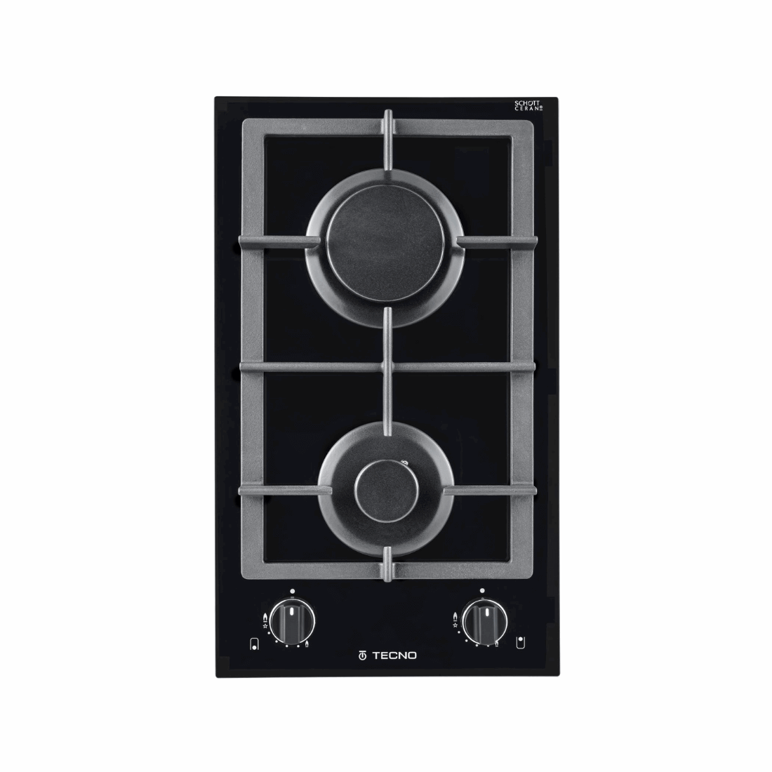 Cooktop Dominó a Gás Tecno 2 Bocas Vitrocerâmico 30cm em vidro preto com dois queimadores profissionais, trempes ferro fundido e acendimento automático