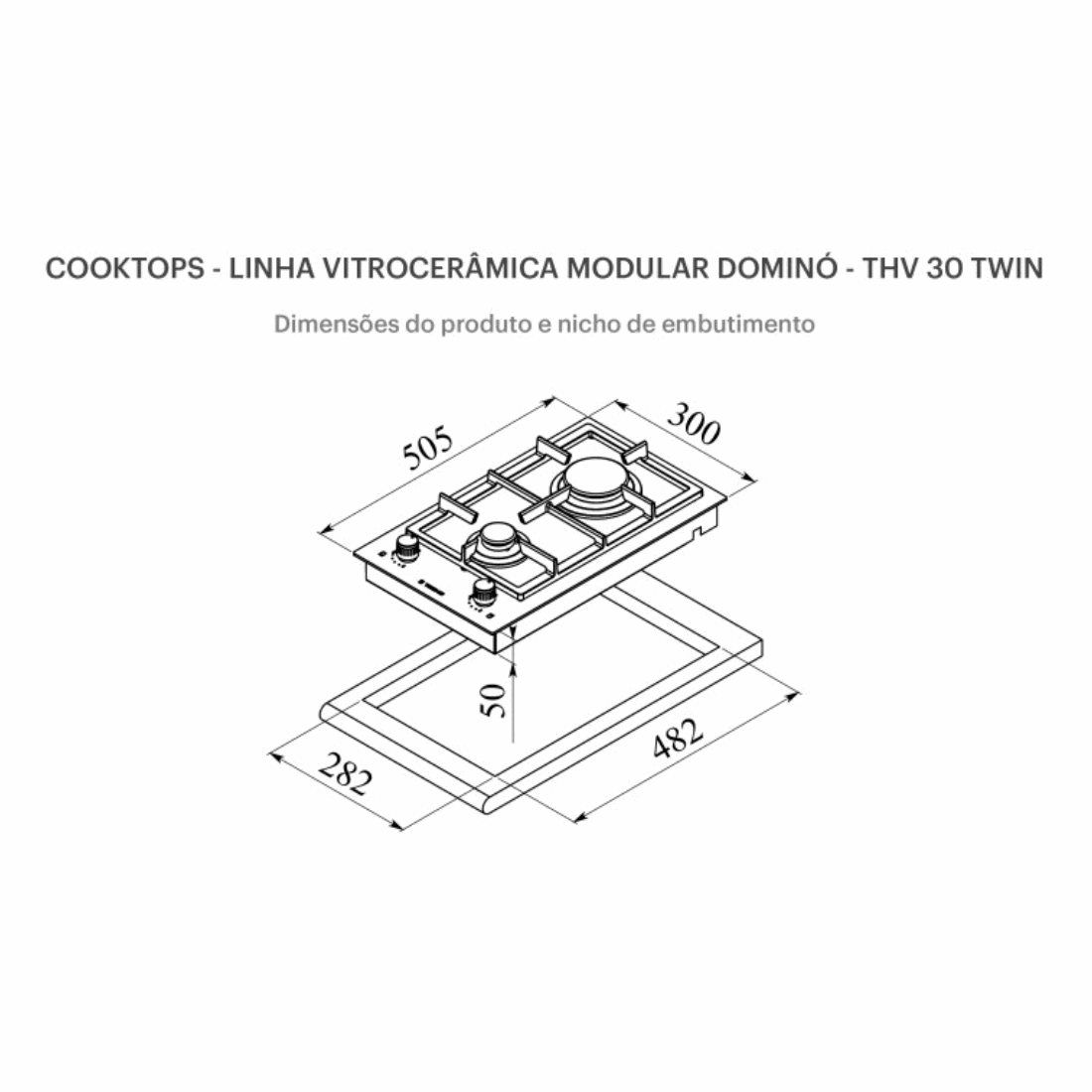 Cooktop Dominó a Gás Tecno 2 Bocas Vitrocerâmico 30cm em desenho técnico com medidas, mesa vitrocerâmica preta, trempes ferro fundido