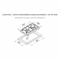 Cooktop Dominó a Gás Tecno 2 Bocas Vitrocerâmico 30cm em desenho técnico com medidas, mesa vitrocerâmica preta, trempes ferro fundido