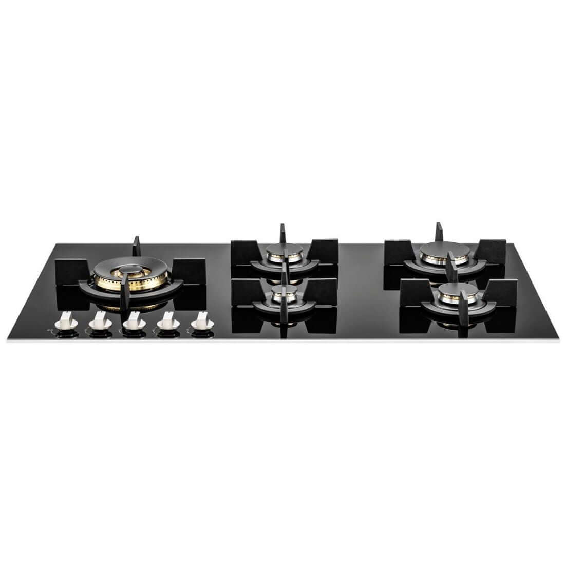 Cooktop à Gás Tecno 5 Bocas Vitrocerâmico 90cm em vidro preto, queimador dual flame, trempes ferro fundido e painel frontal