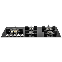 Cooktop à Gás Tecno 5 Bocas Vitrocerâmico 90cm em vidro preto, queimador dual flame, trempes ferro fundido e painel frontal