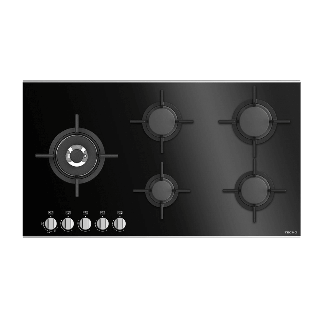 Cooktop à Gás Tecno 5 Bocas Vitrocerâmico 90cm em vitrocerâmica preta com queimador dual, trempes ferro e painel frontal
