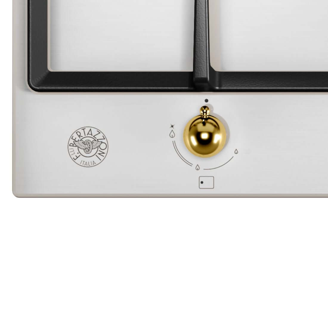 Cooktop Bertazzoni Heritage 5 Bocas à Gás Inox 89cm mostrando botão dourado em latão e superfície inox com trempe preta estilo italiano