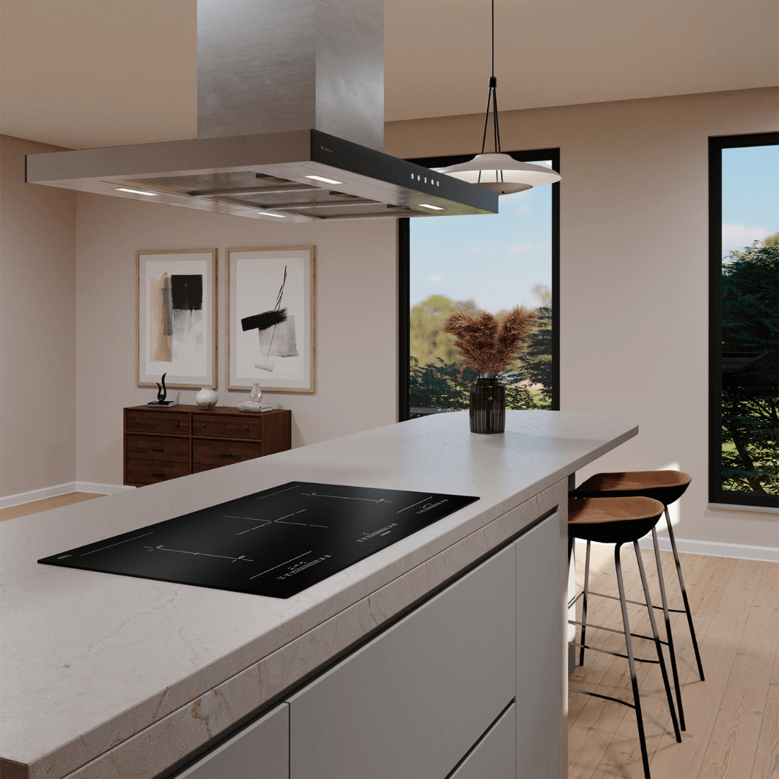 Cooktop de Indução Debacco Montreal 5 Zonas 90cm instalado em ilha com superfície vitrocerâmica preta, design moderno e coifa inox