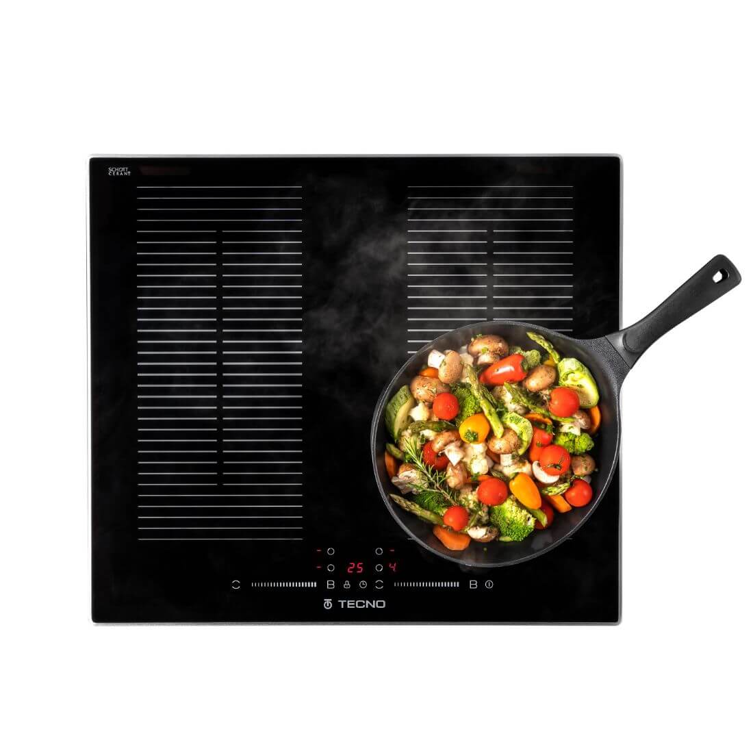 Cooktop de Indução Tecno 4 Zonas 60cm: cooktop de indução preto vitrocerâmico com moldura inox e painel touch, frigideira com legumes