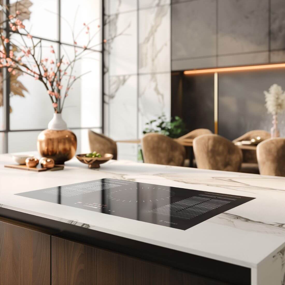 Cooktop de Indução Tecno 5 Zonas 90cm embutido em vitrocerâmica preta, painel touch slider e acabamento moderno na bancada