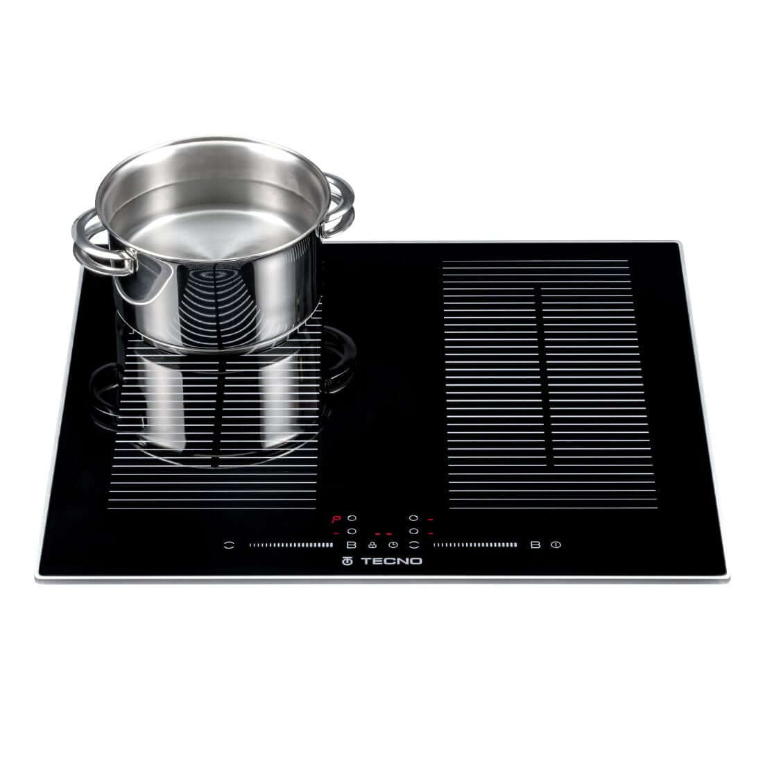 Cooktop de Indução Tecno 4 Zonas 60cm cooktop de indução vitrocerâmico preto com moldura inox, display touch e panela sobre zona Bridge