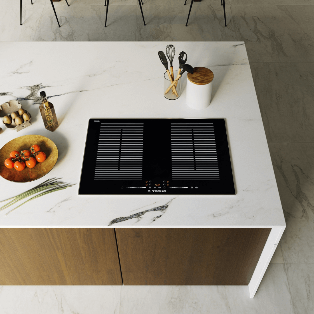 Cooktop de Indução Tecno 4 Zonas 60cm embutido, vitrocerâmico preto com moldura inox e painel touch slider, design italiano