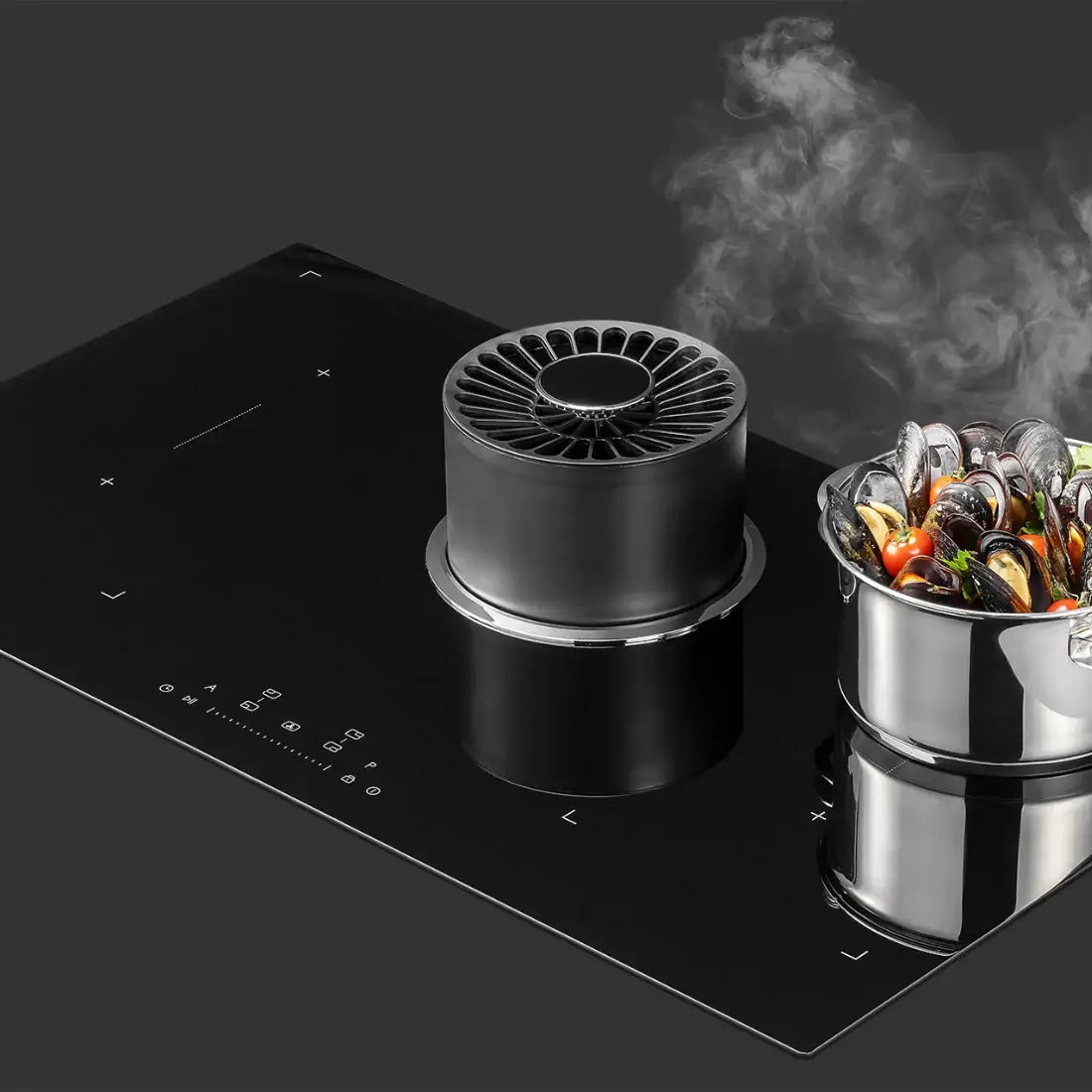Cooktop de Indução Tecno com Coifa Retrátil 90cm em vitrocerâmico preto com coifa retrátil central e painel touch, 4 zonas de indução