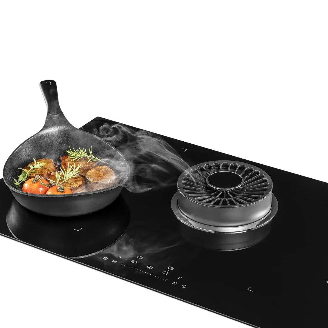 Cooktop de Indução Tecno com Coifa Retrátil 90cm: cooktop de indução preto vitrocerâmico 4 zonas com coifa retrátil integrada e acabamento elegante