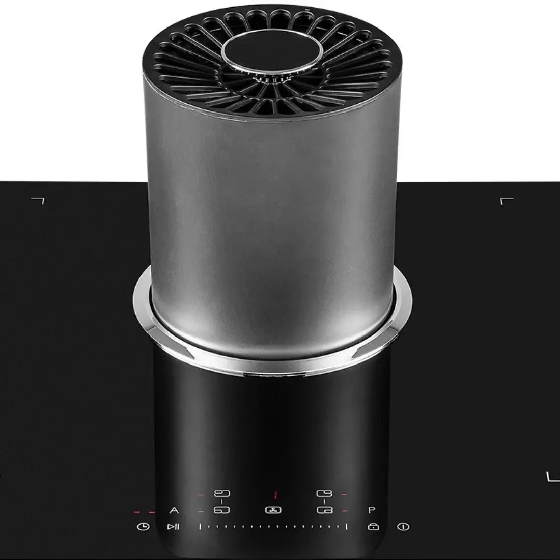 Cooktop de Indução Tecno com Coifa Retrátil 90cm: cooktop de indução Tecno 4 zonas em vitrocerâmica preta com coifa retrátil inox e painel touch