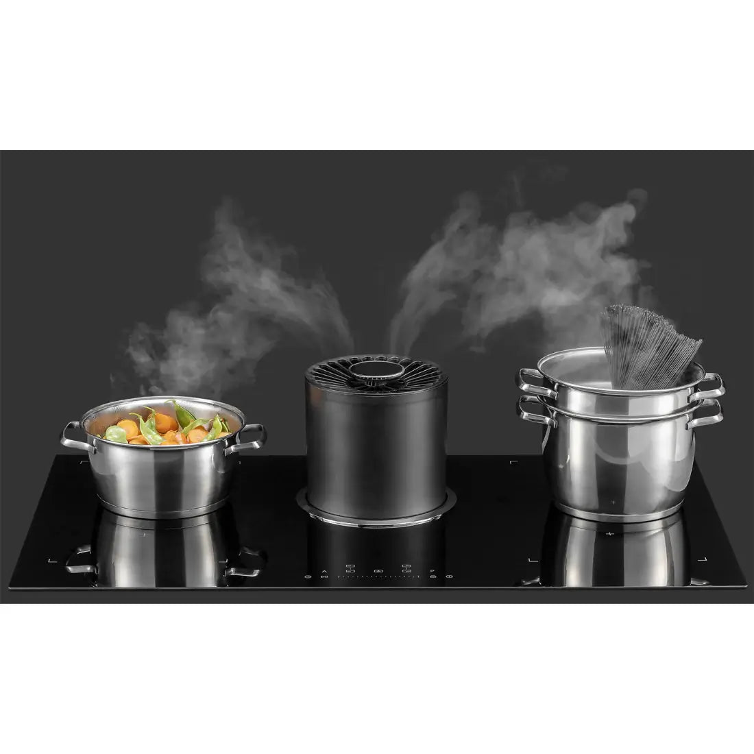 Cooktop de Indução Tecno com Coifa Retrátil 90cm em vitrocerâmico preto com coifa retrátil central e painéis touch