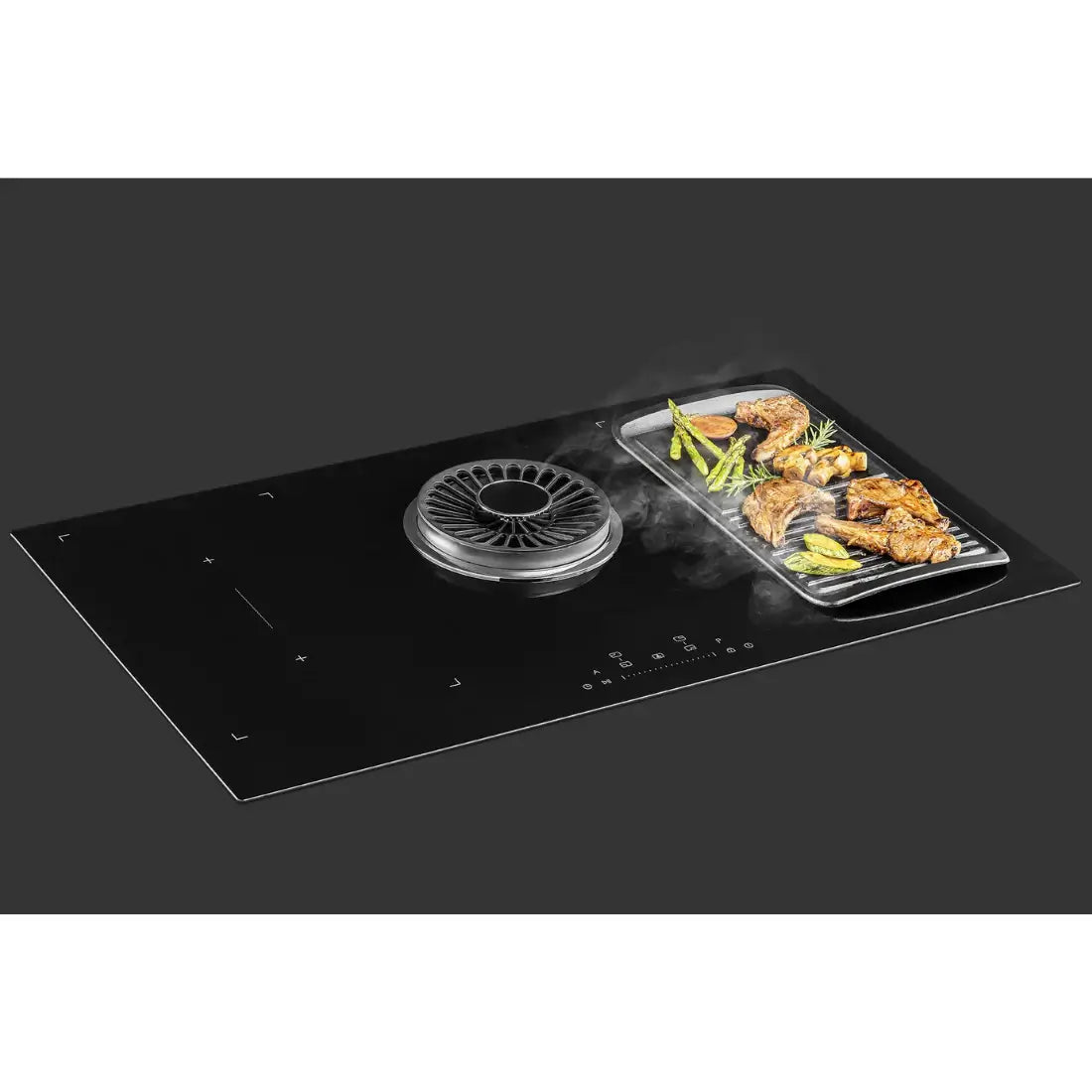 Cooktop de Indução Tecno com Coifa Retrátil 90cm: cooktop de indução Tecno 90cm vitrocerâmico preto com coifa retrátil central e painel touch