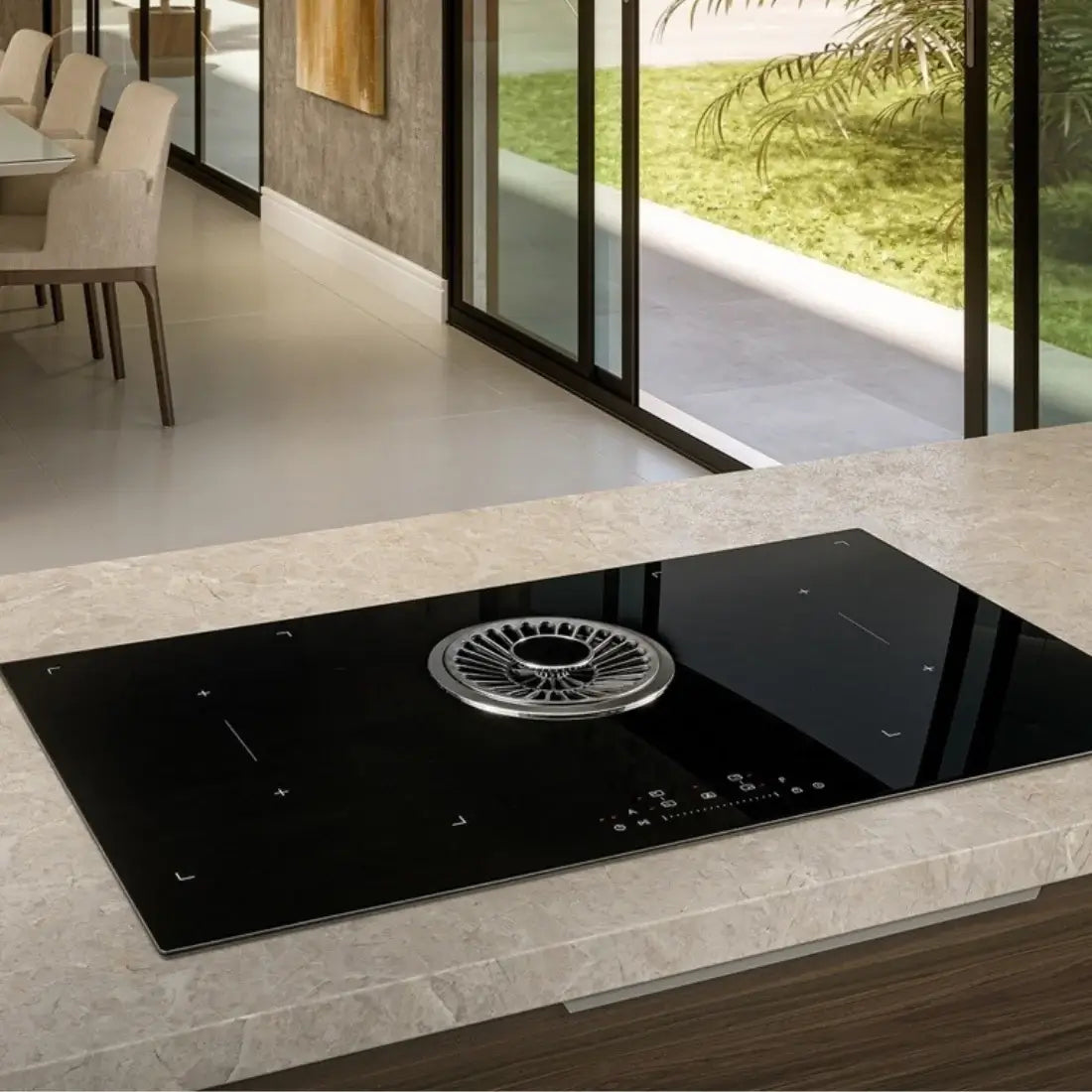 Cooktop de Indução Tecno com Coifa Retrátil 90cm em vitrocerâmica preta, 4 zonas, coifa retrátil central em inox, design moderno
