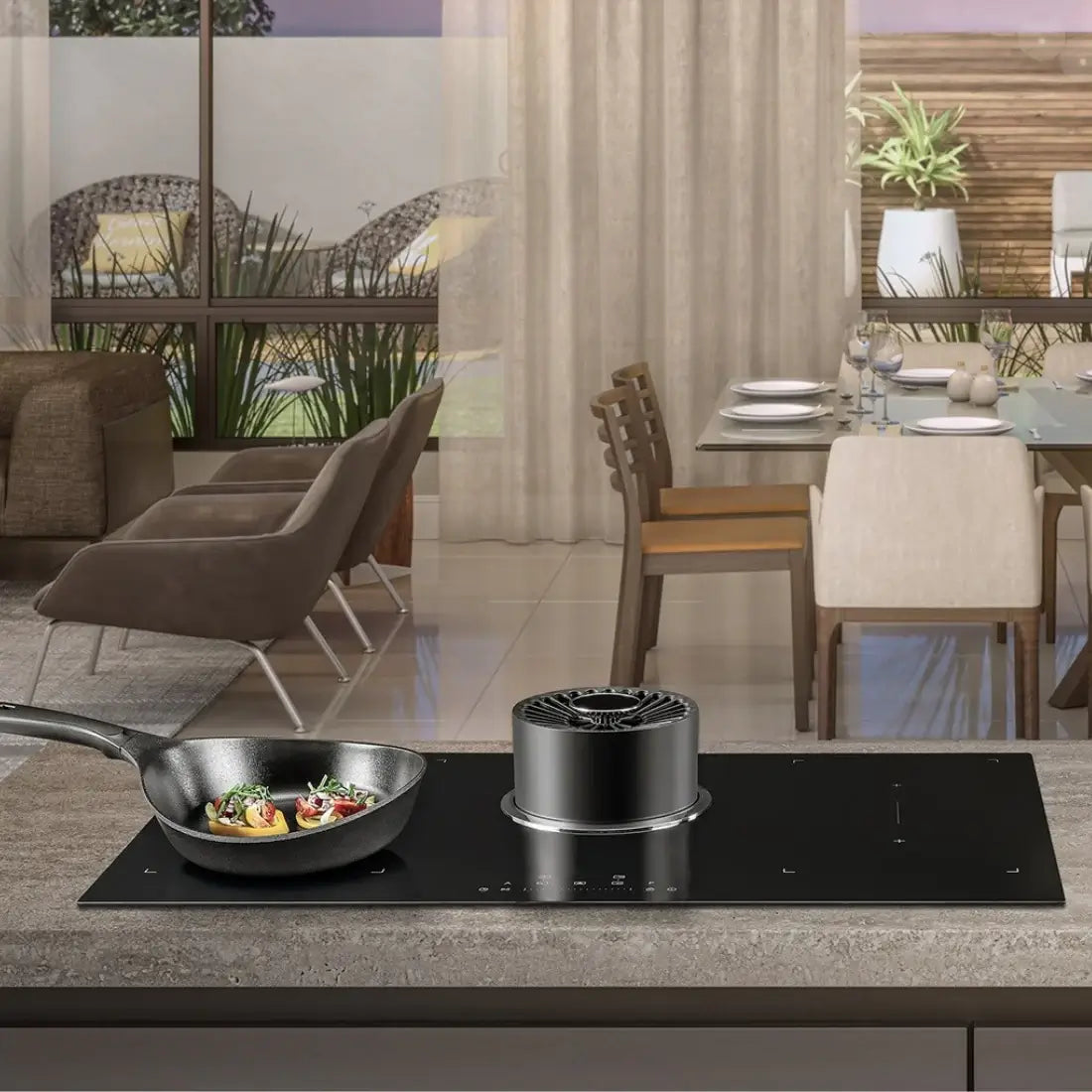 Cooktop de Indução Tecno com Coifa Retrátil 90cm: cooktop de indução Tecno 4 zonas em vitrocerâmica preta com coifa retrátil central e acabamento premium