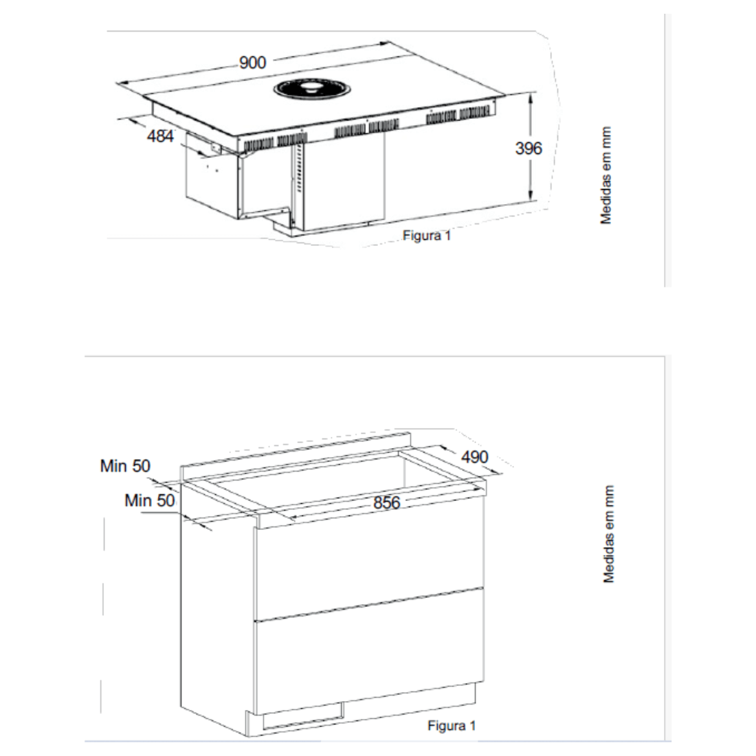 Cooktop de Indução Tecno com Coifa Retrátil 90cm: desenho técnico com medidas, acabamento vitrocerâmico preto e coifa retrátil integrada