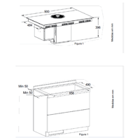 Cooktop de Indução Tecno com Coifa Retrátil 90cm: desenho técnico com medidas, acabamento vitrocerâmico preto e coifa retrátil integrada