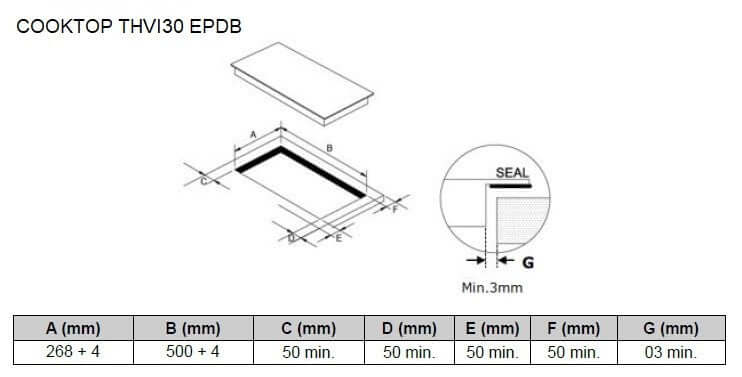 Cooktop Dominó de indução Tecno 2 zonas 30cm mostrando corte para embutir e medidas técnicas da mesa vitrocerâmica Schott Ceran, estilo italiano
