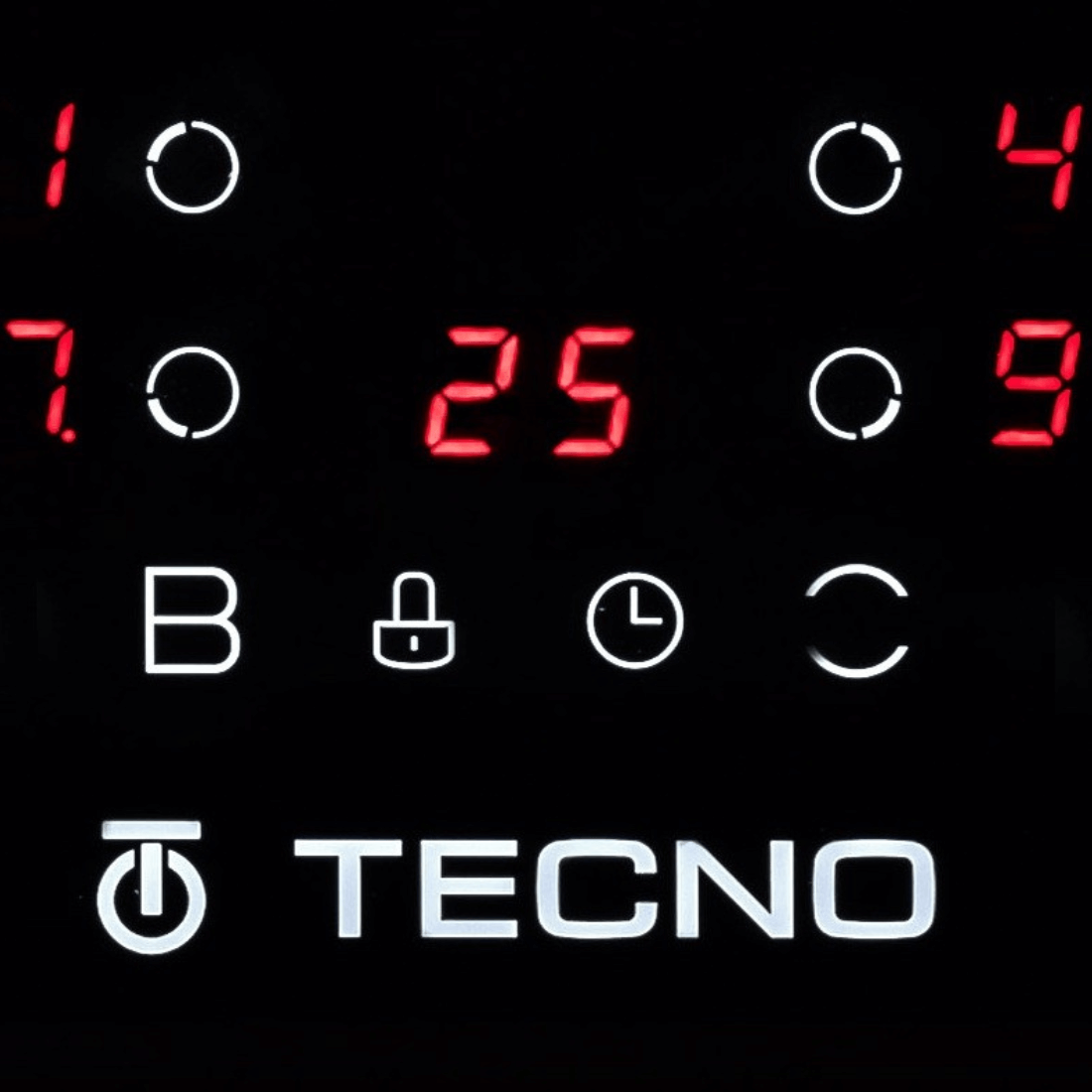 Cooktop de Indução Tecno 4 Zonas 60cm painel touch preto vitrocerâmico com display digital e ícones de bloqueio e timer